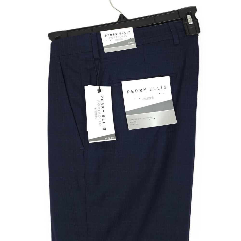 Perry Ellis Mens Slim Fit Dress Pants 34x32 Navy Blue Plaid Stretch NWT